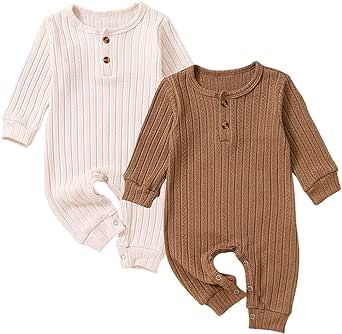 Yookoom Baby Boys Girls 2 Pack Solid Romper Long Sleeve Knit Cotton Button One Piece Jumpsuit Outfits Clothes