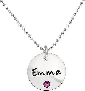 Personalized Sterling Silver Round Name Charm Necklace with Choice of Swarovski® Birthstone Setting.