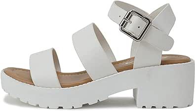 Soda ACCOUNT-2 ~ Little Kids/Children/Girls Open Toe Two Bands Lug sole Fashion Block Heel Sandals with Adjustable Ankle Strap
