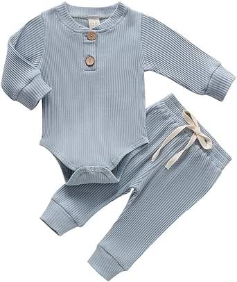 Newborn Baby Boy Girl Clothes Ribbed Knitted Cotton Long Sleeve Romper Long Pants Solid Color Fall Winter Outfits