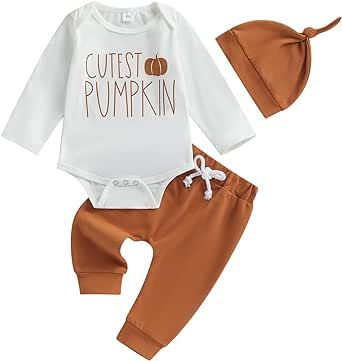 Lamuusaa Newborn Baby Boy Halloween Outfit Cutest Pumpkin Long Sleeve Romper Onesie Long Pants Hat Halloween Clothes