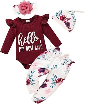 TITKKOP Newborn Baby Girls Clothes Ruffle Long Sleeve Romper Floral Pnats+Headband+Hat 4pcs Baby Girl Outfits
