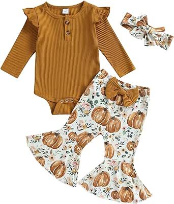 fhutpw Baby Girl Clothes Newborn 3 6 12 18 Months Fall Outfits Ruffle Knitted Long Seeve Romper Top & Flare Pants Sets