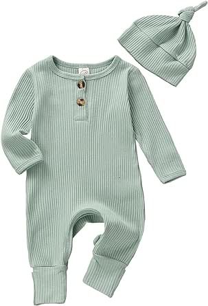 Infant Boys Girls Clothes Set Newborn Baby Romper Hat Ribbed Knit Long Sleeve Button Solid Bodysuit Jumpsuit