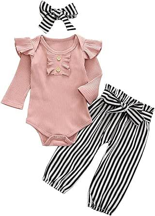 ADXSUN Newborn Baby Girl Clothes Ribbed Ruffled Romper+Striped/Cow/Leopard Flared Pants Infant Outifts 0-18 Months