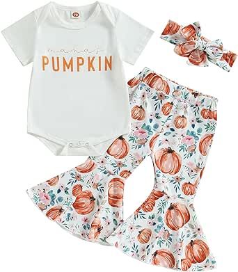 PUHHAPIEY Newborn Baby Girl Fall Winter Clothes Frill Romper Flared Pants Headband Bell-Bottoms Set Pumpkin Halloween Outfit