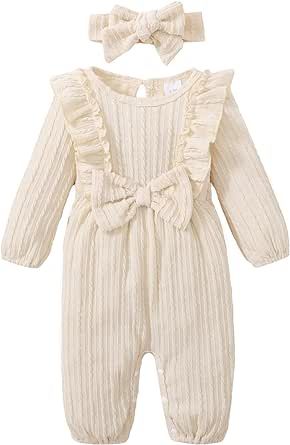 Happy Town Baby Girl Romper Infant Fall Winter Clothes Ruffle Sweater Long Sleeve Bodysuit Jumpsuit and Headband