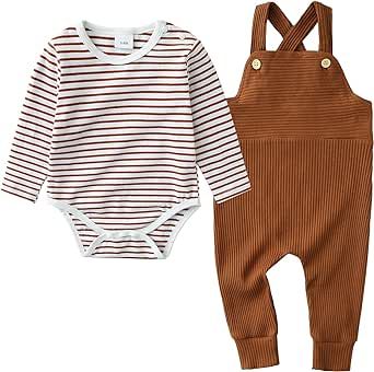 DISAUR Newborn Baby Boy Clothes, Infant Boy Bodysuit Outfits Long Sleeve Romper + Bib Overall Pants Fall Newborn Boy Clothes
