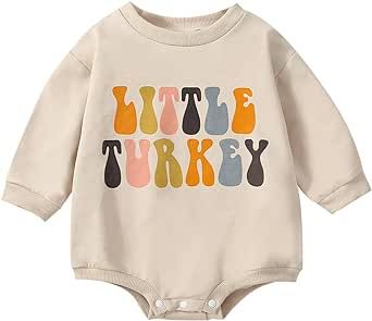 SAYOO Thanksgiving Baby Girl Boy Outfit Turkey and Pie Print Oversized Sweatshirt Bubble Romper Bodysuit Top Fall Clothes