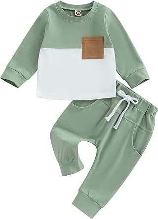 TheFound 0-5T Newborn Baby Boy Clothes Color Block Pullover Sweatshirt Top Elastic Waist Pockets 2Pcs Warm Fall Winter Outfit