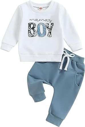 Toddler Baby Boy Clothes Mamas Boy Fall Winter Outfit Long Sleeve Letter Sweatshirt Plaid Jogger Pants Newborn Set