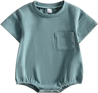 KtwHarnu Baby Boys Girls T Shirt Bubble Romper Oversized Solid Color Short Sleeve Pocket Bodysuit Jumpsuit Outfit