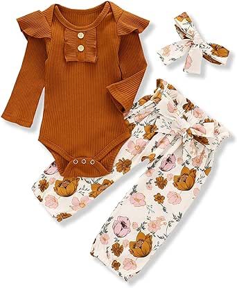 Kislio Newborn Baby Girls Clothes Ribbed Ruffled Romper+Floral Pants+Headband Infant Outfit Set