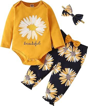 Fullfamous Baby Girl's 3pc Frill Long Sleeve Romper and Pant Set