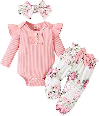 GDTOGRT Baby Girl Clothes Newborn Infant Outfits Ruffle Romper+ Floral Pants + Cute Headband Sets for Girls