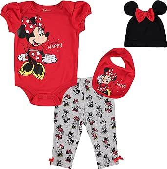 Disney Minnie Mouse Baby Girls Bodysuit Pants Bib and Hat 4 Piece Outfit Set Newborn to Infant