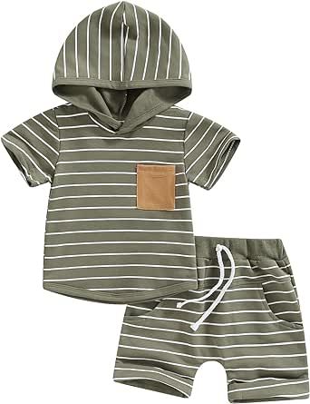 TheFound Toddler Boys Summer 2pcs Clothes Sets Hooded Tank Top Striped Shorts Cute Newborn Baby Boy Coming Home Outfit