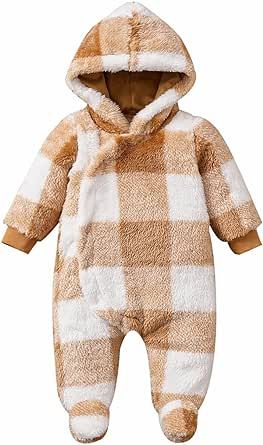 MIEKISA Baby Boys and Girls Autumn Winter Hooded Furry Plaid Romper Baby Footies