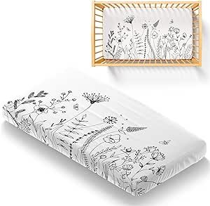 Carlsbad Linen Company Breathable Muslin and Silky Soft Bamboo Fitted Crib Sheet Ultimate Quality for Baby Boy or Girl Toddler (52"x28"x8") Black and White Grass Flower Silhouette
