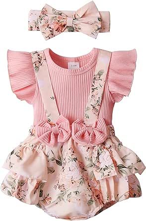 Newborn Baby Girl Clothes Infant Romper Floral Suspender Dress Ruffle Sleeve Onesie Outfit Jumpsuit Headband Spring Summer