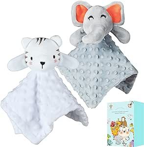 Cute Castle Security Blanket Baby Gifts Box - Soft Unisex Newborn Essentials for Boys and Girls - Neutral Baby Stuff Snuggle Cloths for Baby Registry Search Shower (White Tiger & Grey Elephant)