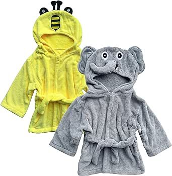 Sunny zzzZZ 2 Pack Unisex Baby Plush Animal Face Robe for 0-9 Months - Neutral Design Newborn Clothes for Boys and Girls - Baby Essentials Registry Search Gifts - Cute Bee and Happy Elephant